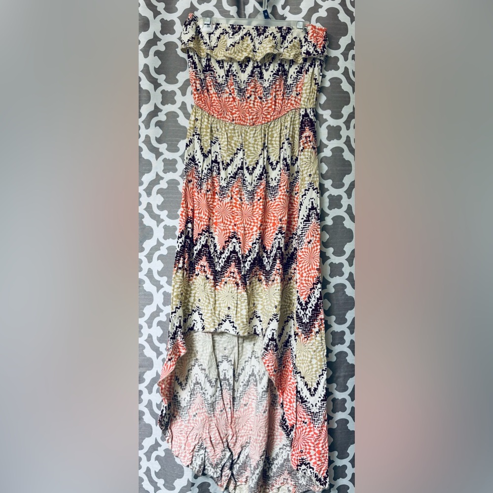 Geometric Patterned Hi-low Strapless Dress - Multicolor
